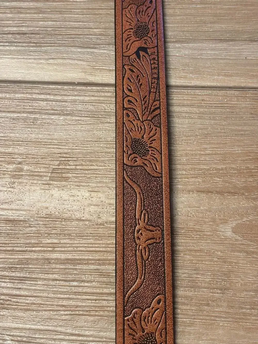 Western Floral Carved Brown Leather Belt with Longhorn Design and Metal Buckle S